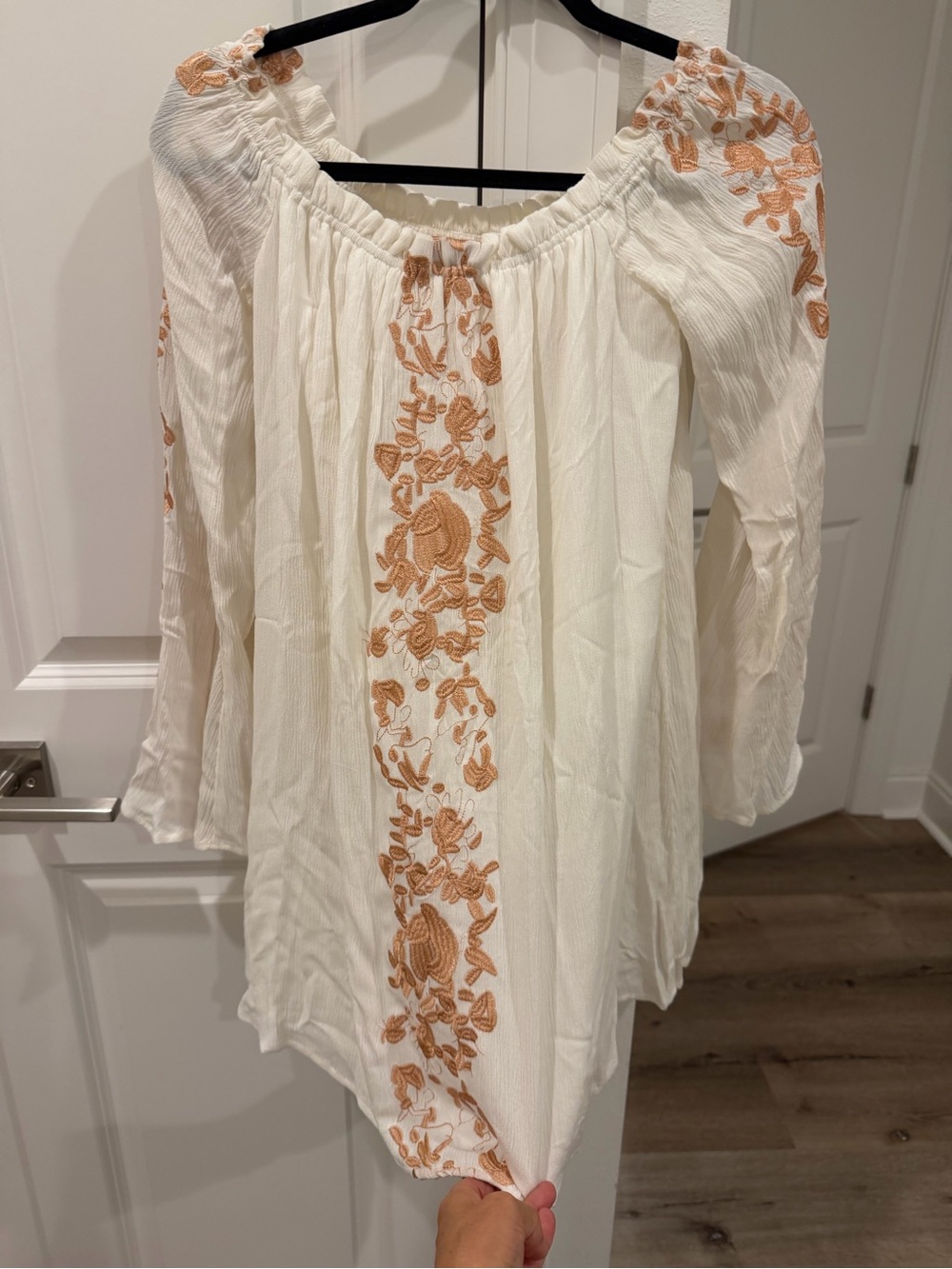 Tobi White Off-Shoulder Tunic with Tan Floral Embroidery